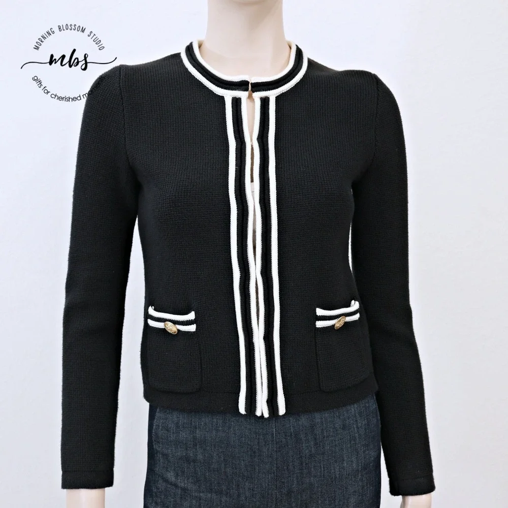 J. Crew Emilie Contrast Trim‎ Gold Button Sweater Jacket Black White Women XXS